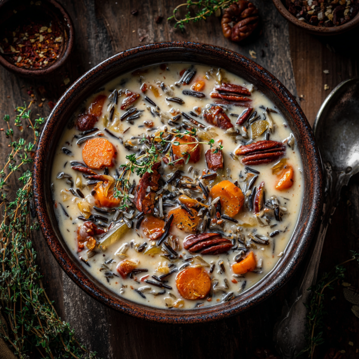 Cozy Soups & Chowders for Fall and Winter: Warming Recipes for Comfort Seekers 5 Cozy Autumn Wild Rice Soup with wild rice, carrots, onions, pecans, and creamy broth topped with fresh thyme.