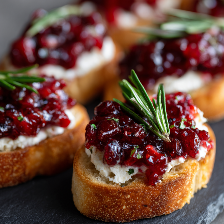 Holiday Appetizers, Dips & Party Boards: The Ultimate Guide to Crowd-Pleasers for Every Gathering 11 Cranberry goat cheese crostini topped with rosemary photographed in natural light.