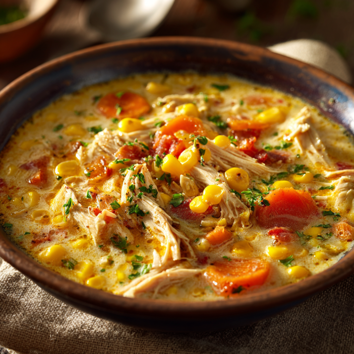 Cozy Soups & Chowders for Fall and Winter: Warming Recipes for Comfort Seekers 1 Crockpot Chicken Corn Chowder with shredded chicken, corn, and carrots in a creamy golden broth.