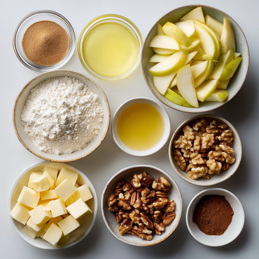 Fall's Easiest Apple Crisp: 30 Mins 4 Ingredients for homemade apple crisp including apples, flour, brown sugar, spices, butter, and nuts.