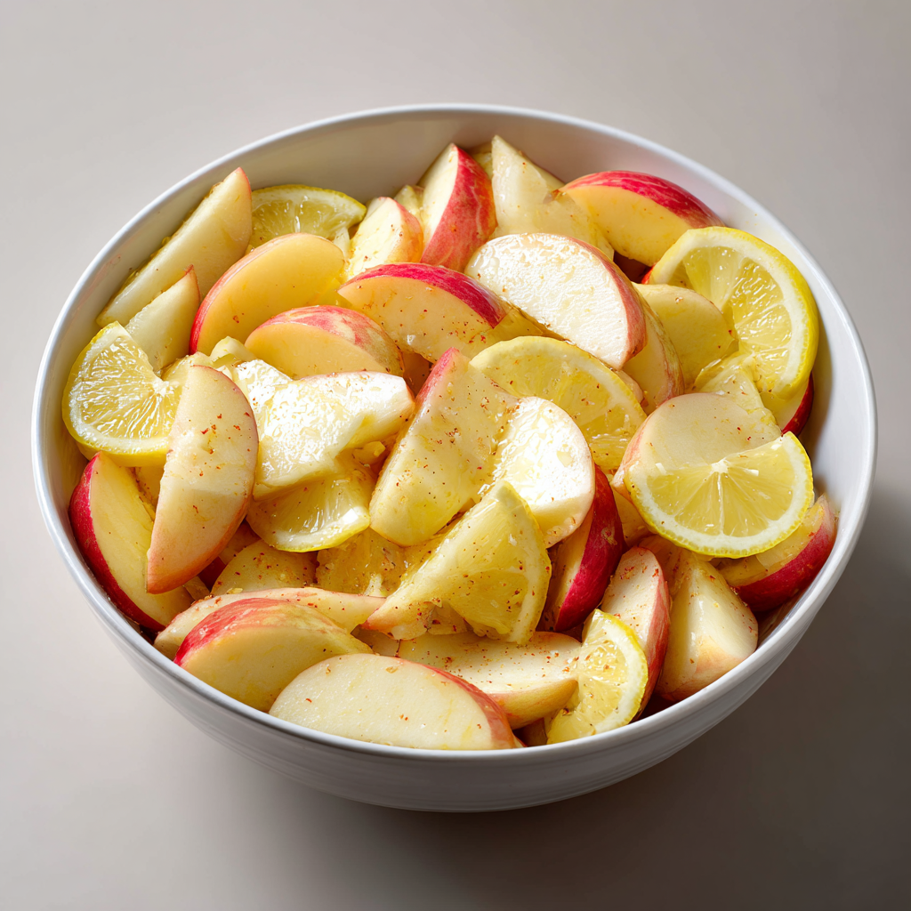 Fall's Easiest Apple Crisp: 30 Mins 5 Sliced apples tossed with lemon juice in a bowl before adding other ingredients.