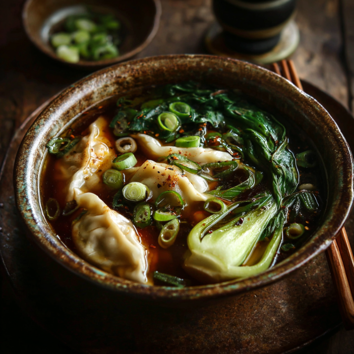 Cozy Soups & Chowders for Fall and Winter: Warming Recipes for Comfort Seekers 4 Easy Potsticker Soup with dumplings, bok choy, and green onions in a clear savory broth.