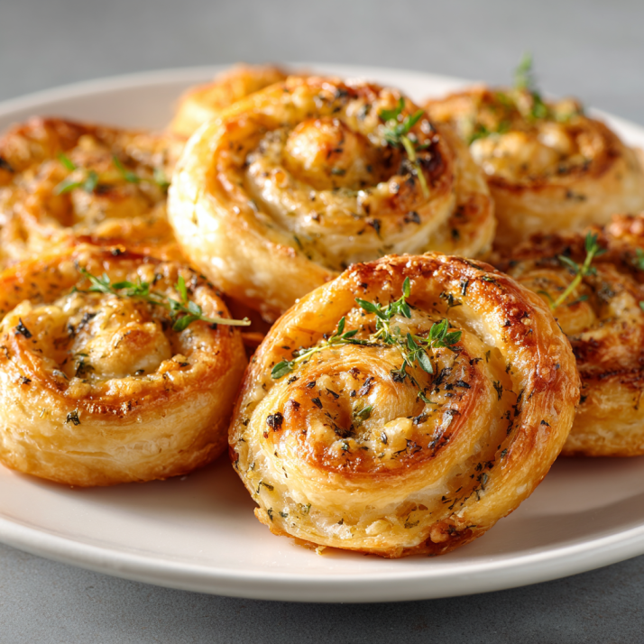 Holiday Appetizers, Dips & Party Boards: The Ultimate Guide to Crowd-Pleasers for Every Gathering 15 Golden puff pastry pinwheels with herbs and cheese photographed in natural light.