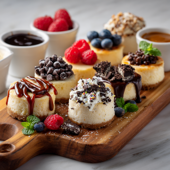Holiday Appetizers, Dips & Party Boards: The Ultimate Guide to Crowd-Pleasers for Every Gathering 3 Mini cheesecake board with assorted toppings and fresh berries photographed in natural light.