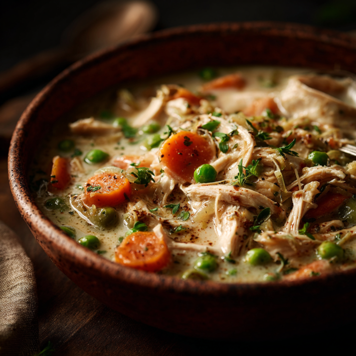 Cozy Soups & Chowders for Fall and Winter: Warming Recipes for Comfort Seekers 3 Creamy High Protein Chicken Pot-Pie Soup with shredded chicken, carrots, peas, and herbs in a rustic bowl.