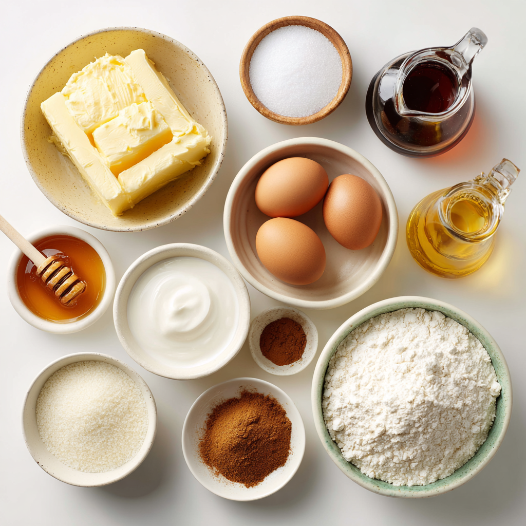 Ingredients for maple snickerdoodle cookies including butter, sugar, eggs, flour, maple syrup, and cinnamon.