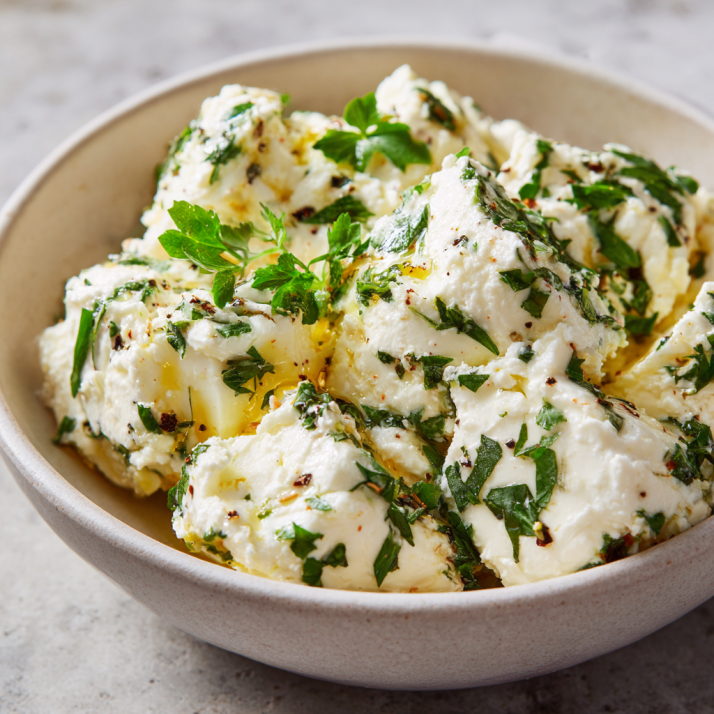 Holiday Appetizers, Dips & Party Boards: The Ultimate Guide to Crowd-Pleasers for Every Gathering 9 Creamy marinated cheese mixed with fresh herbs photographed in natural light.