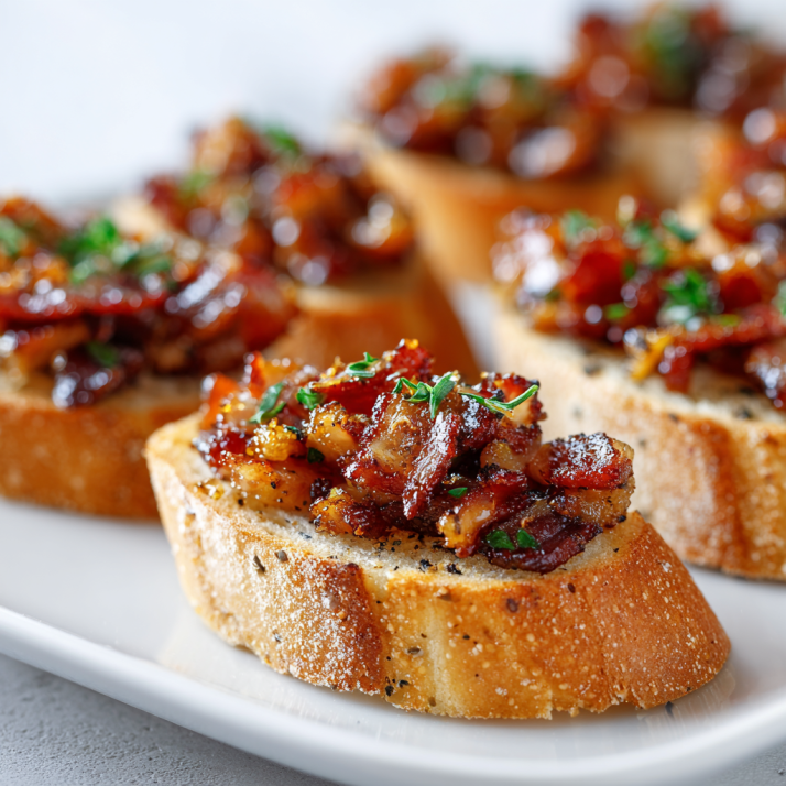 Holiday Appetizers, Dips & Party Boards: The Ultimate Guide to Crowd-Pleasers for Every Gathering 7 Bacon crostini topped with caramelized bacon and herbs photographed in natural light.