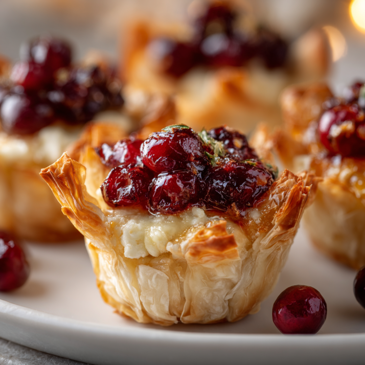 Holiday Appetizers, Dips & Party Boards: The Ultimate Guide to Crowd-Pleasers for Every Gathering 12 Mini phyllo cups filled with melted Brie and cranberry topping photographed in natural light.