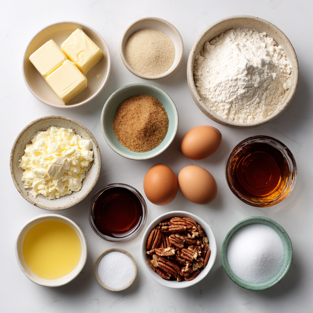 Ingredients for pecan pie cookies including butter, sugars, eggs, flour, pecans, and corn syrup.