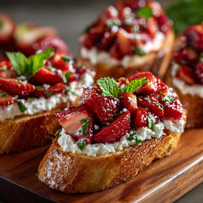 Holiday Appetizers, Dips & Party Boards: The Ultimate Guide to Crowd-Pleasers for Every Gathering 6 Strawberry ricotta bruschetta on toasted baguette slices photographed in natural light.