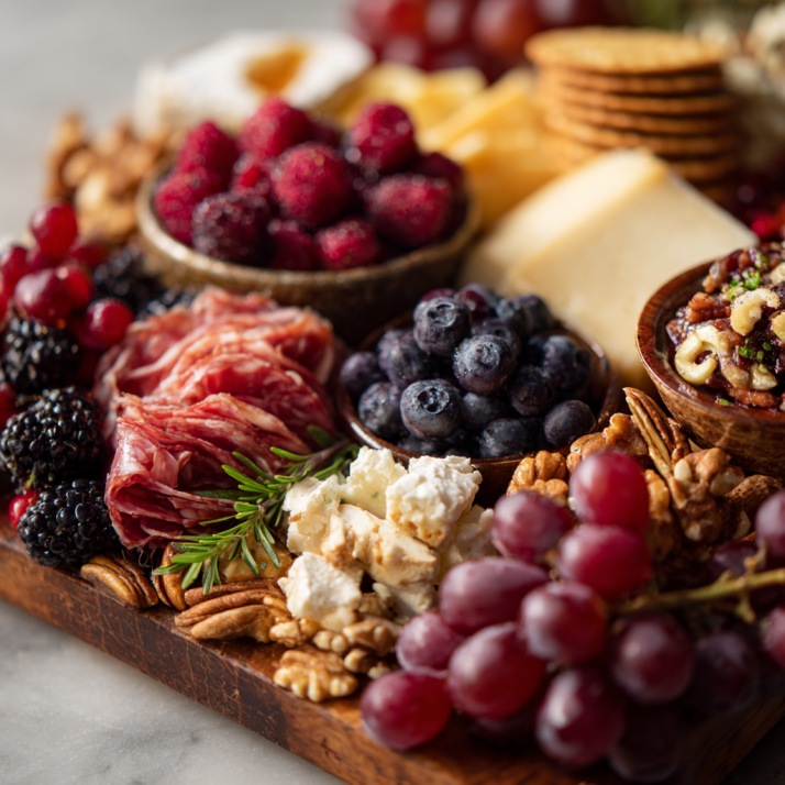 Holiday Appetizers, Dips & Party Boards: The Ultimate Guide to Crowd-Pleasers for Every Gathering 2 Thanksgiving holiday appetizer charcuterie board with meats, cheeses, fruit, nuts, and crackers arranged in natural light.