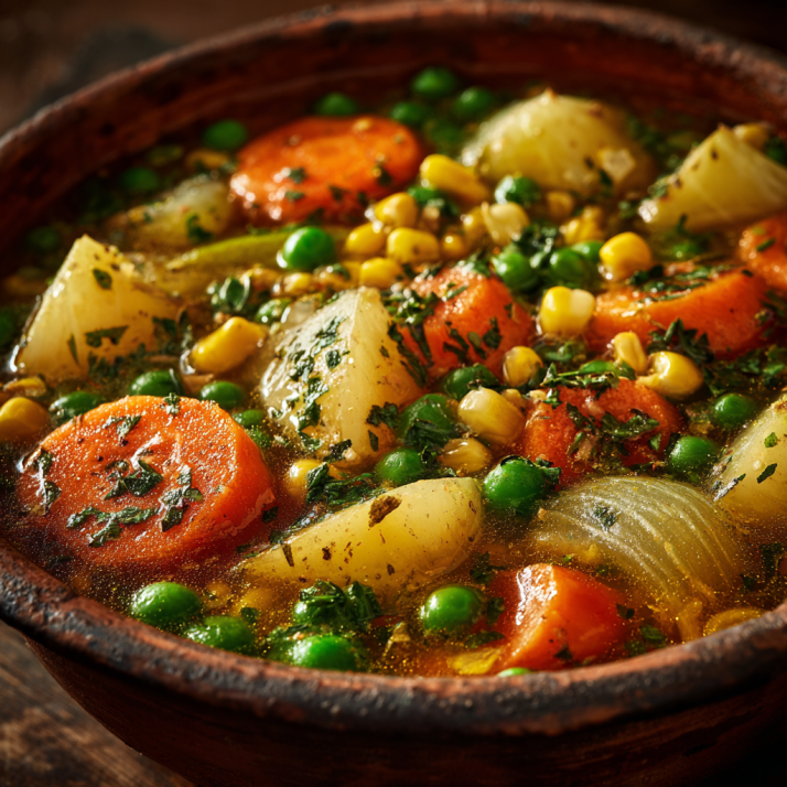 Cozy Soups & Chowders for Fall and Winter: Warming Recipes for Comfort Seekers 6 Veggie Pot-Pie Soup with carrots, potatoes, peas, corn, and herbs in a warm vegetable broth.