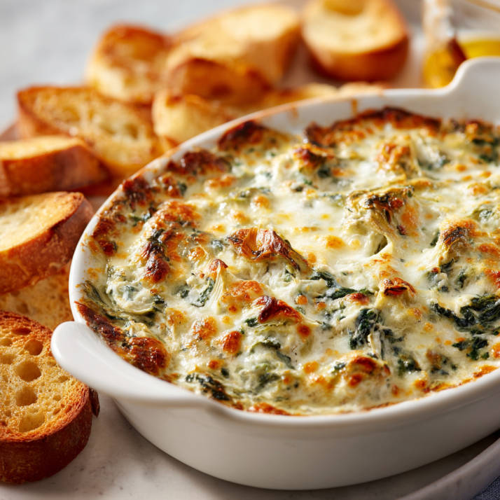 Holiday Appetizers, Dips & Party Boards: The Ultimate Guide to Crowd-Pleasers for Every Gathering 13 Warm spinach artichoke dip with a golden top served with toasted baguette slices in natural light.