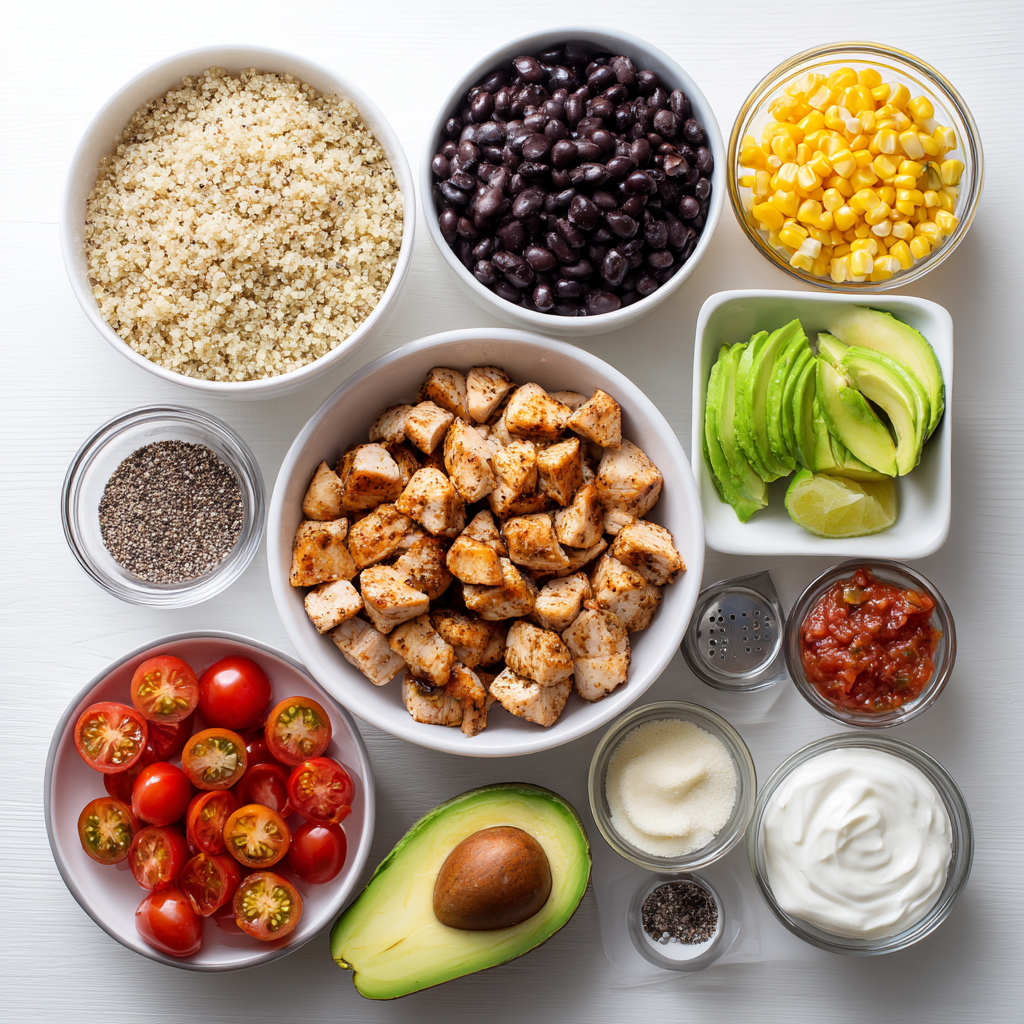 5-Min Chicken Power Bowls, Gym-Ready! 4 Ingredients for chicken power bowls including chicken, quinoa, black beans, corn, tomatoes, avocado, and salsa.