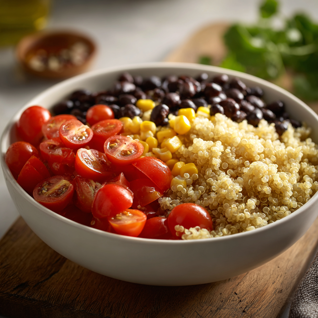 5-Min Chicken Power Bowls, Gym-Ready! 5 Quinoa, black beans, corn, and tomatoes combined in a bowl for chicken power bowls.