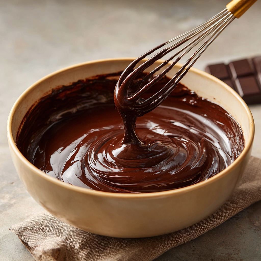 Chocolate and butter melted together in a bowl using a double boiler.