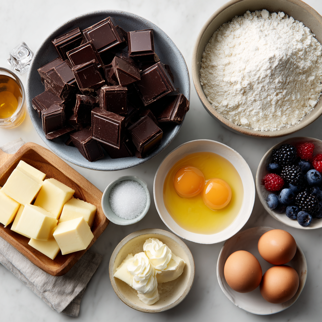 Ingredients for chocolate dessert including bittersweet chocolate, butter, eggs, sugar, flour, and vanilla.
