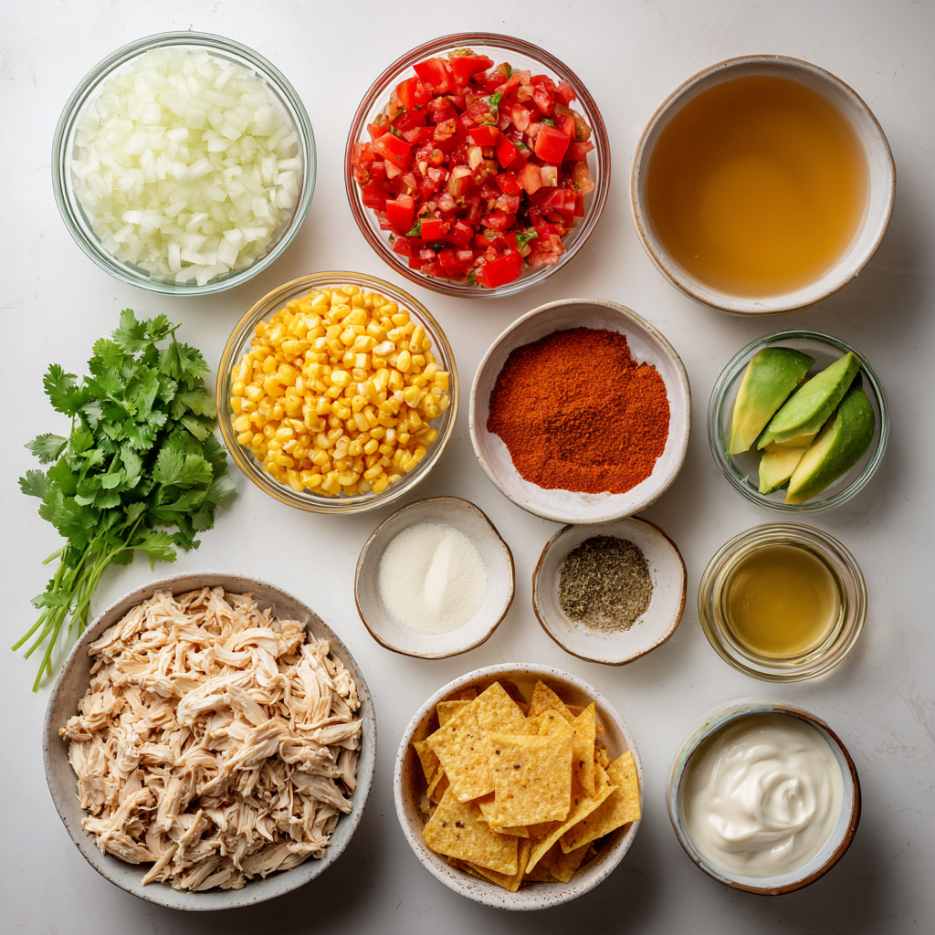 One-Pot Creamy Chicken Tortilla Soup You’ll Crave! 4 Ingredients for creamy chicken tortilla soup including vegetables, spices, chicken, broth, cream, and toppings.