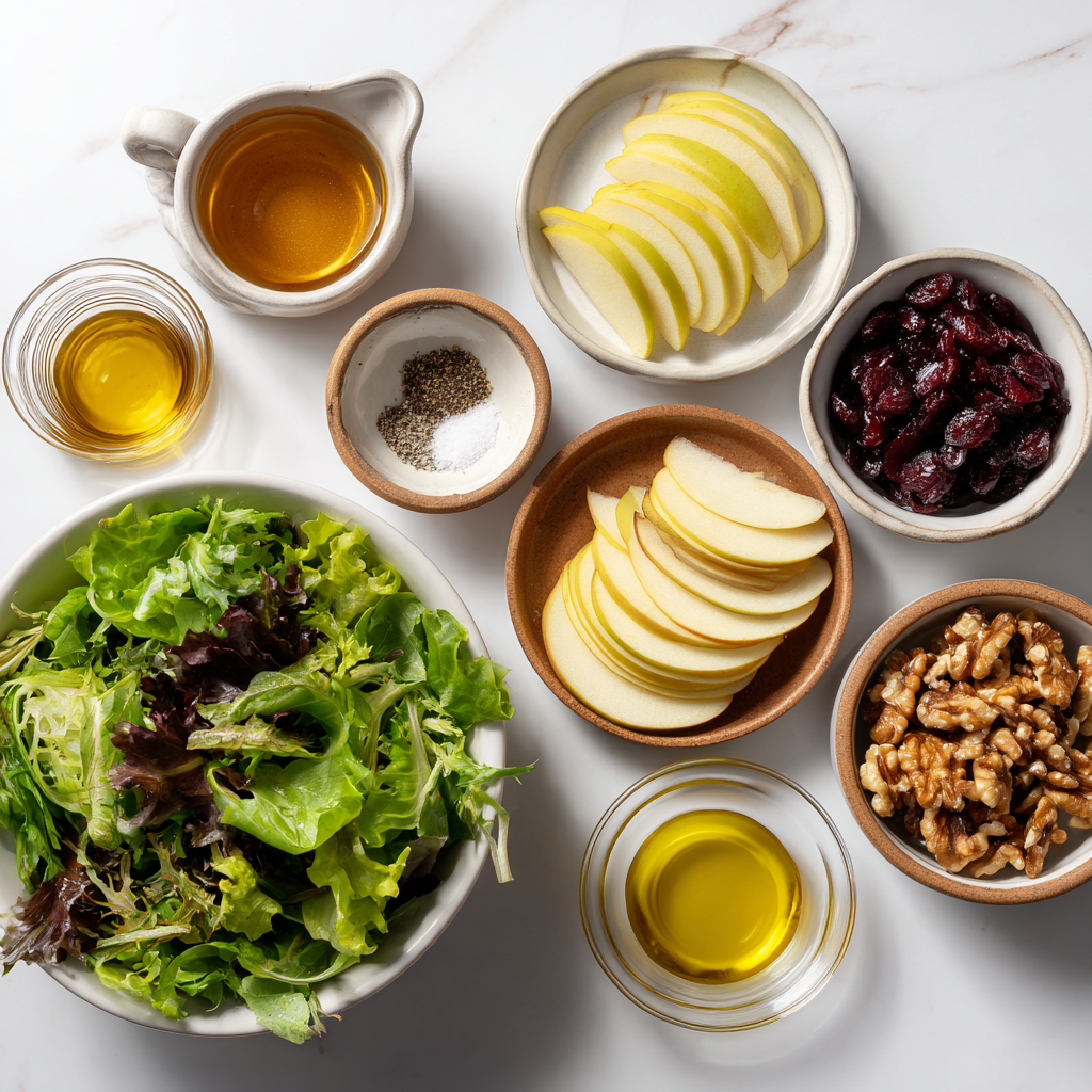 Amazing 20-min Crunchy Apple Walnut Fall Salad 1 Ingredients for crunchy apple walnut fall salad including mixed greens, apple slices, walnuts, cranberries, and maple dressing components.