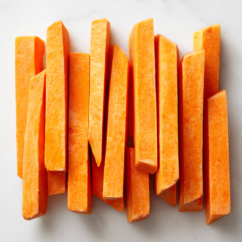 2-Ingredient Healthy Sweet Potato Fries, Wow! 5 Sweet potatoes cut into fry shapes before seasoning and baking.