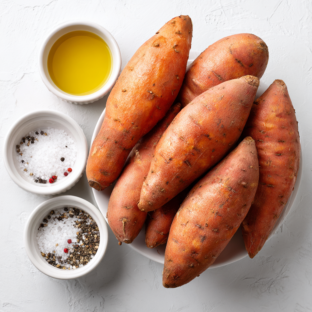 2-Ingredient Healthy Sweet Potato Fries, Wow! 4 Ingredients for healthy sweet potato fries including sweet potatoes, olive oil, salt, and black pepper.