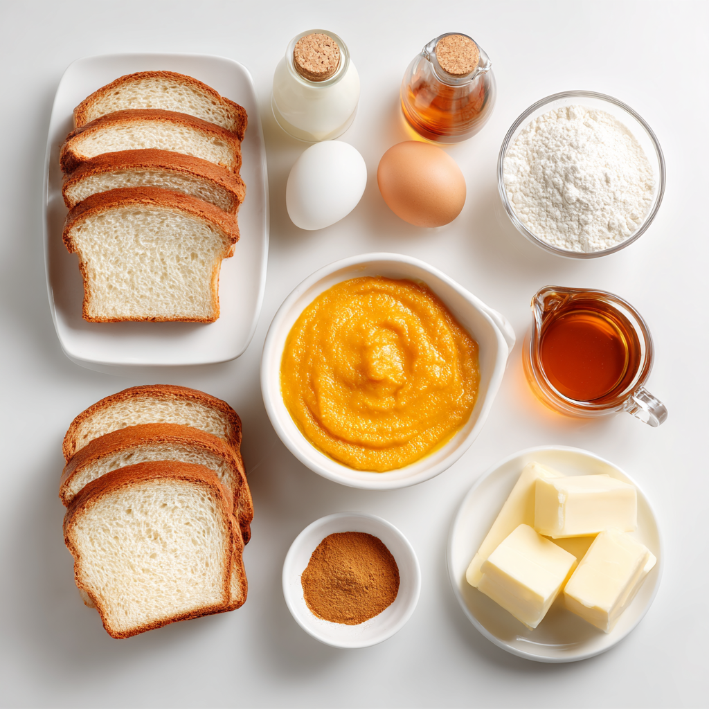 Ingredients for fall pumpkin French toast including bread, pumpkin puree, eggs, milk, cinnamon, vanilla, butter, and maple syrup.