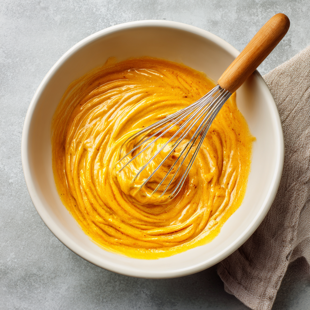 Pumpkin French toast batter whisked in a bowl before dipping bread.