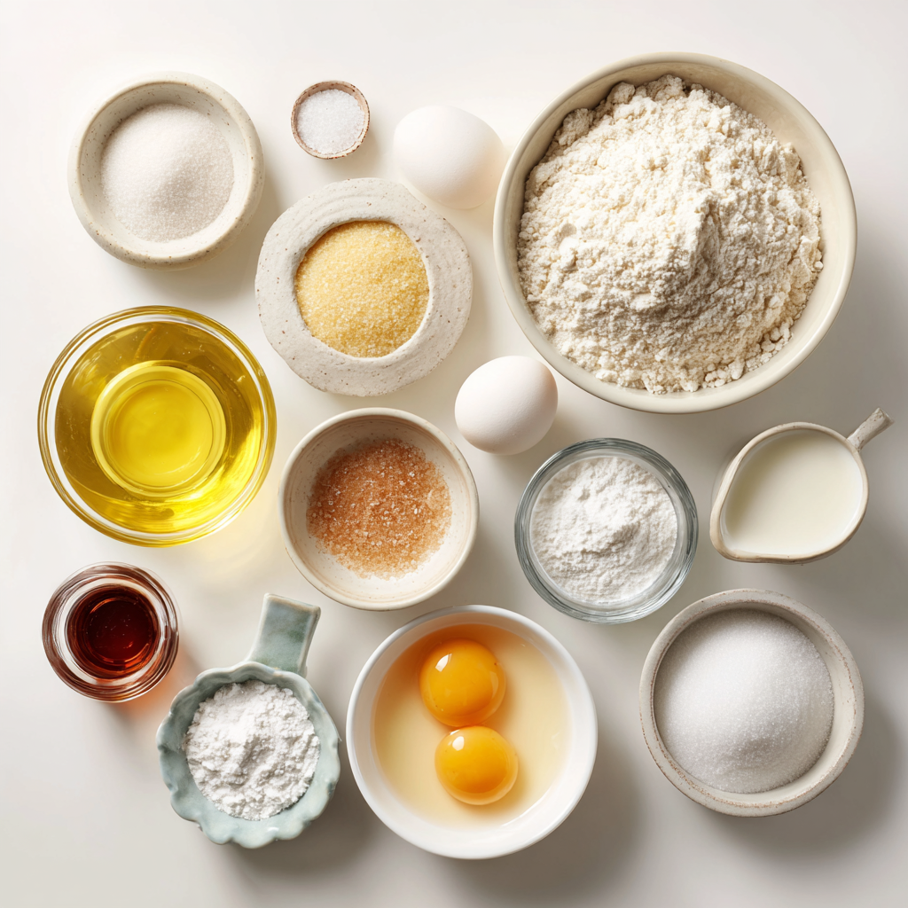 Ingredients for homemade French beignets including yeast, sugar, milk, egg, flour, oil, and powdered sugar.