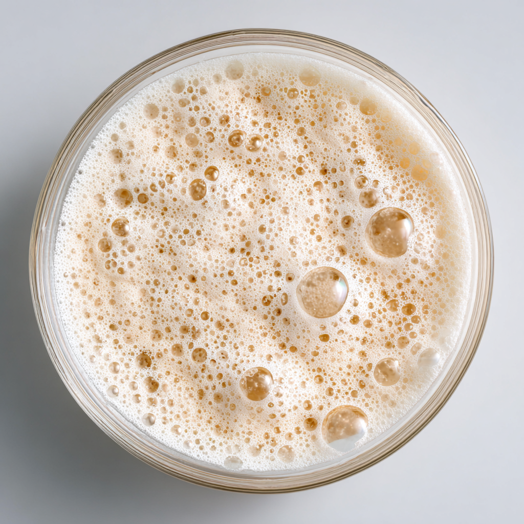 Active dry yeast blooming in warm water before making beignet dough.