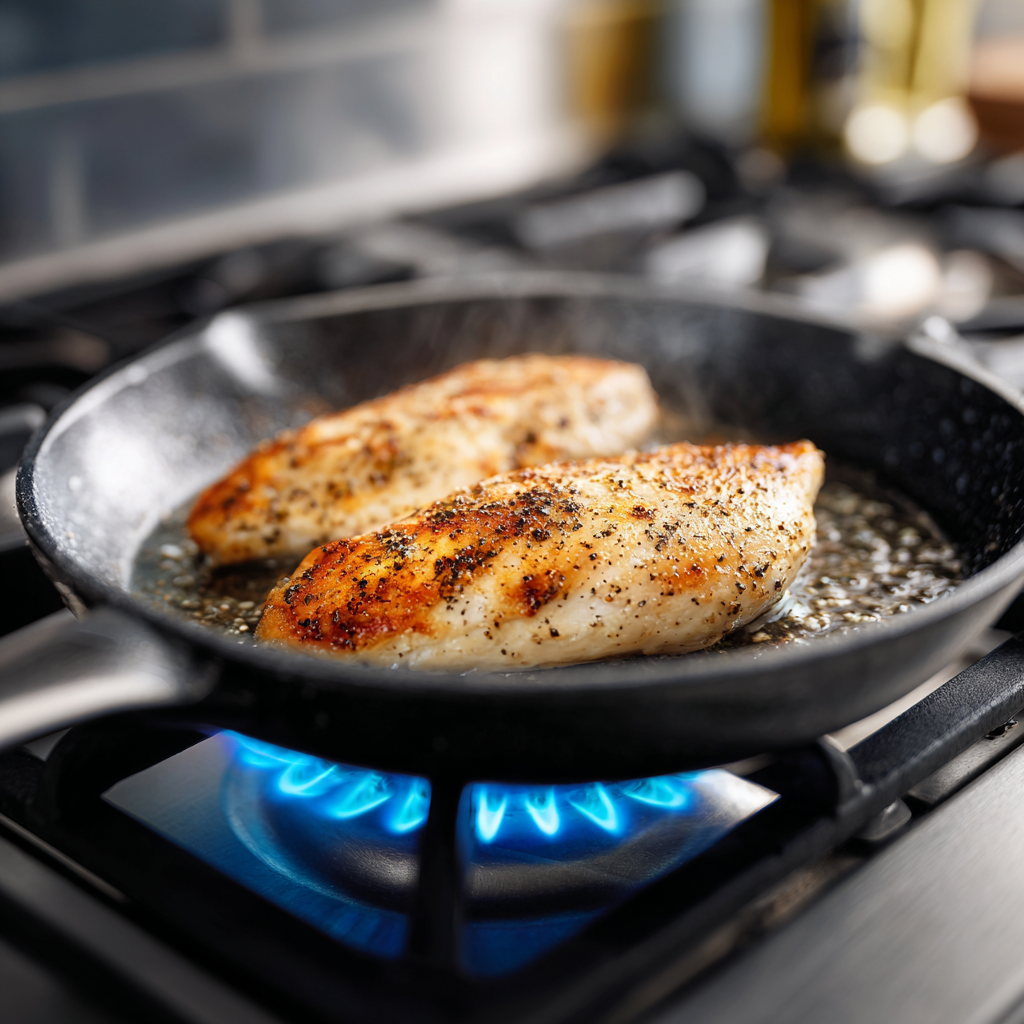 Chicken breast cooked in olive oil and seasoned with salt and pepper for Alfredo pasta prep.