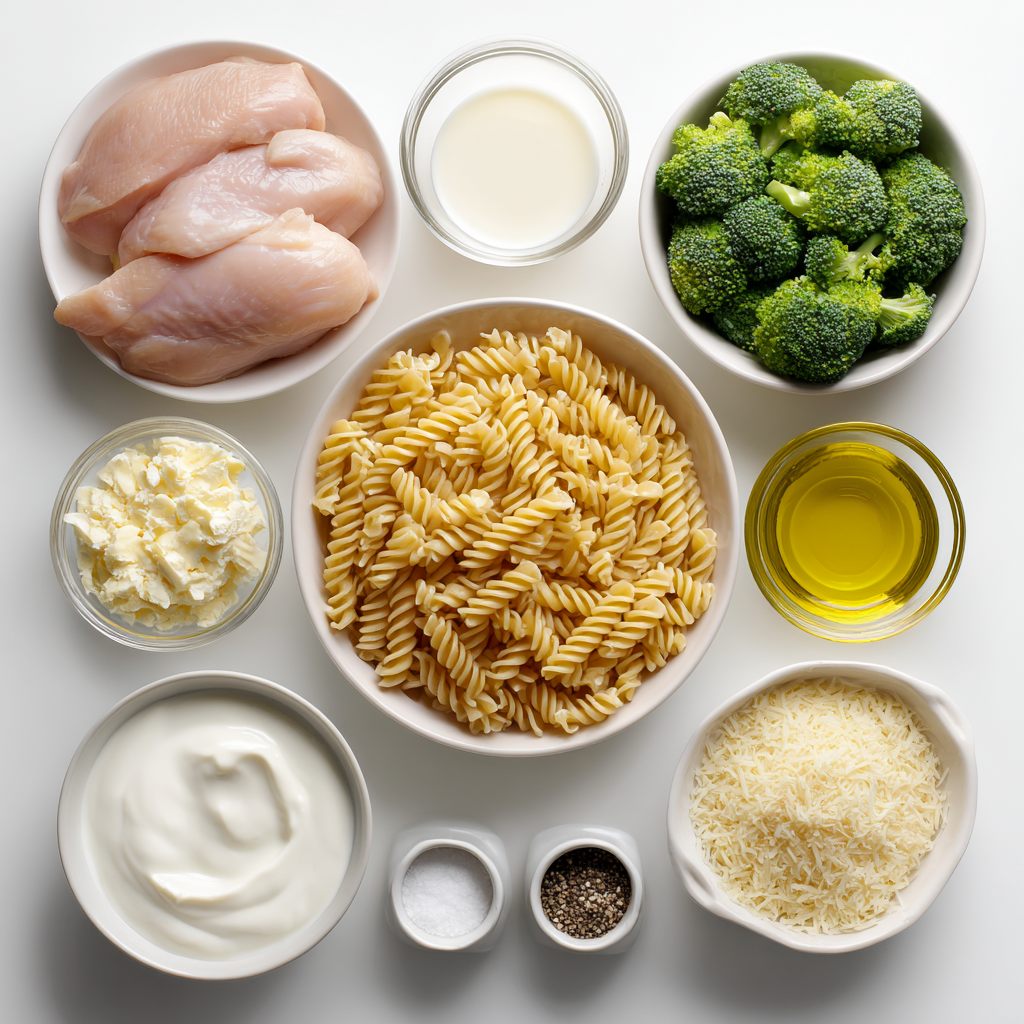 Ingredients for healthy Alfredo chicken pasta prep including chicken, whole wheat pasta, broccoli, Greek yogurt, and Parmesan.