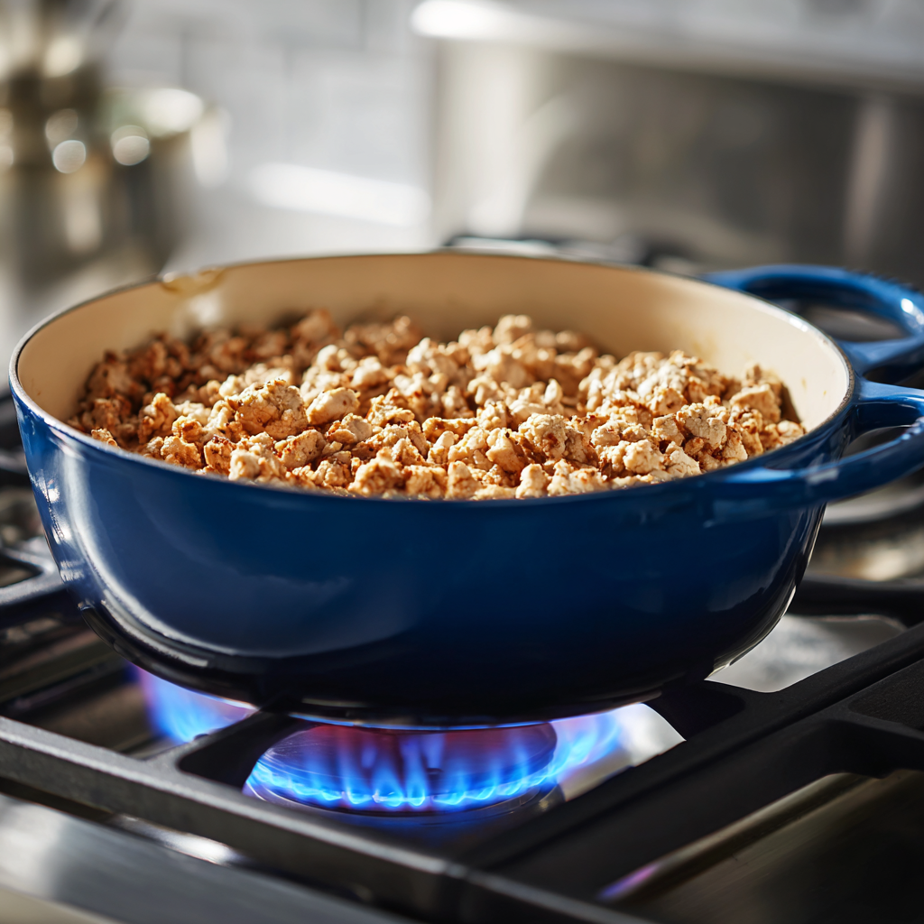 Healthy One-Pot Turkey Chili in 4 Easy Steps! 5 Ground turkey browning in a pot over visible stove flame for turkey chili.