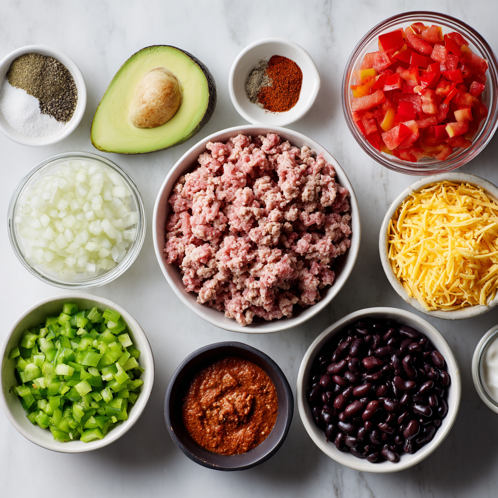 Healthy One-Pot Turkey Chili in 4 Easy Steps! 4 Ingredients for healthy turkey chili meal prep including ground turkey, beans, vegetables, spices, and toppings.