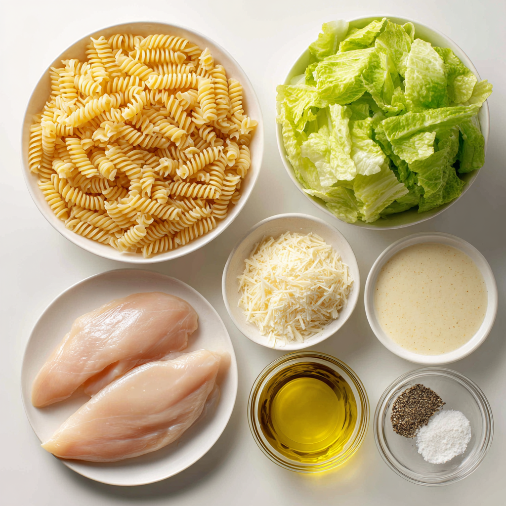 Ingredients for high-protein chicken Caesar pasta salad including pasta, chicken, romaine, Parmesan, and Caesar dressing.