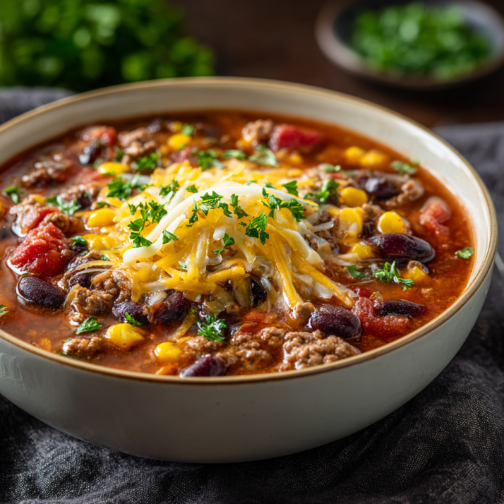 Cozy Family Dinners & One-Pot Meals: Easy Dinners Built Around Comfort Food and Family Favorites 6 Beef taco soup with beans, corn, and melted cheese, a comforting one-pot meal for easy family dinners