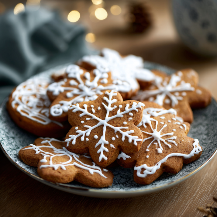 Decorated gingerbread cookies with white icing on a plate
