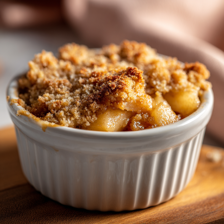 Homemade apple crisp with golden crumb topping baked in a ceramic dish