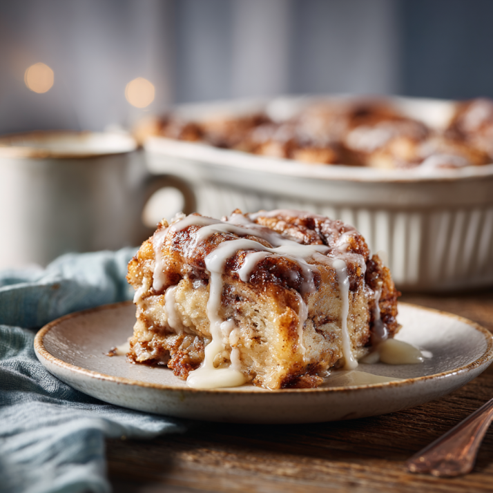 Cinnamon roll casserole slice with icing drizzle on a plate
