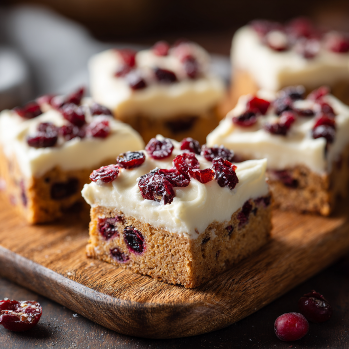 Cranberry bliss bars topped with cream frosting and dried cranberries