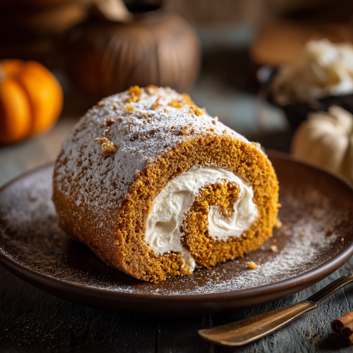 Pumpkin roll cake slice with cream filling and powdered sugar
