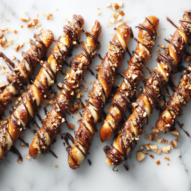 Caramel apple pretzel treats drizzled with chocolate and nuts