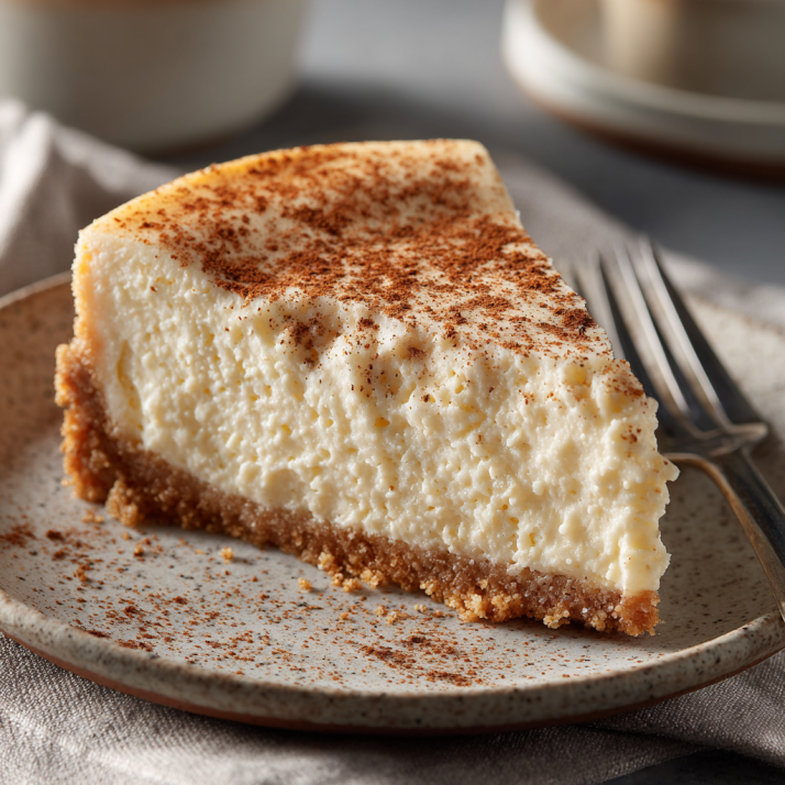 Creamy eggnog cheesecake slice with cinnamon dusting