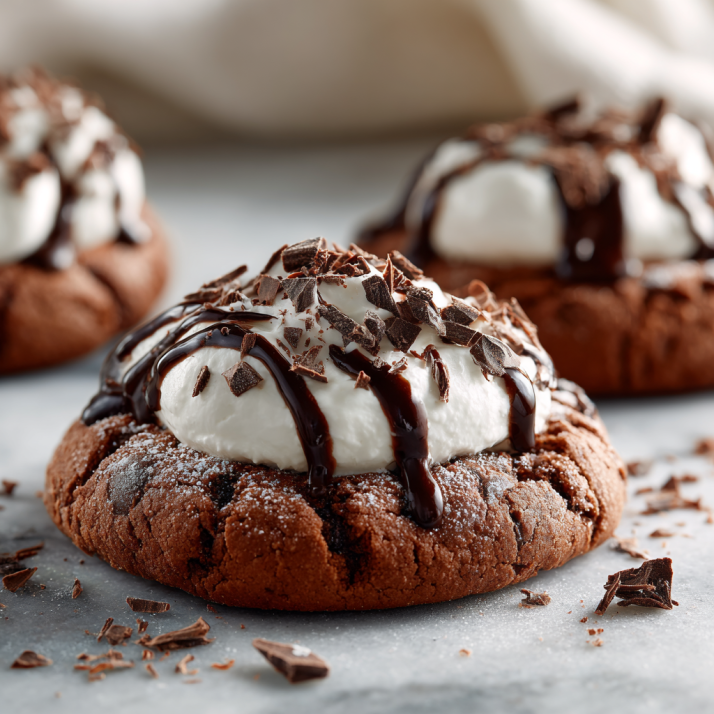 Hot cocoa cookies topped with whipped cream and chocolate
