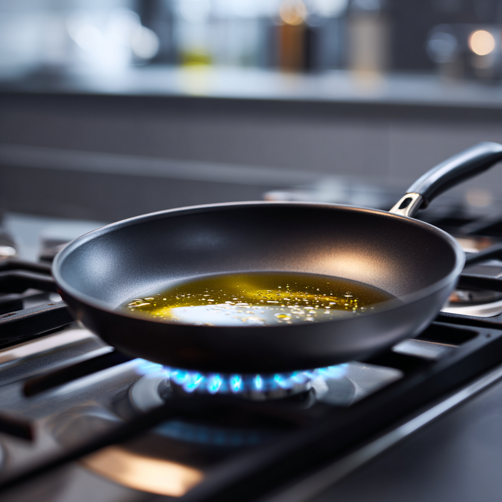 Light Chicken Parmesan Skillet in 30 Minutes! 5 Olive oil heating in a skillet over visible stove flame before cooking chicken.