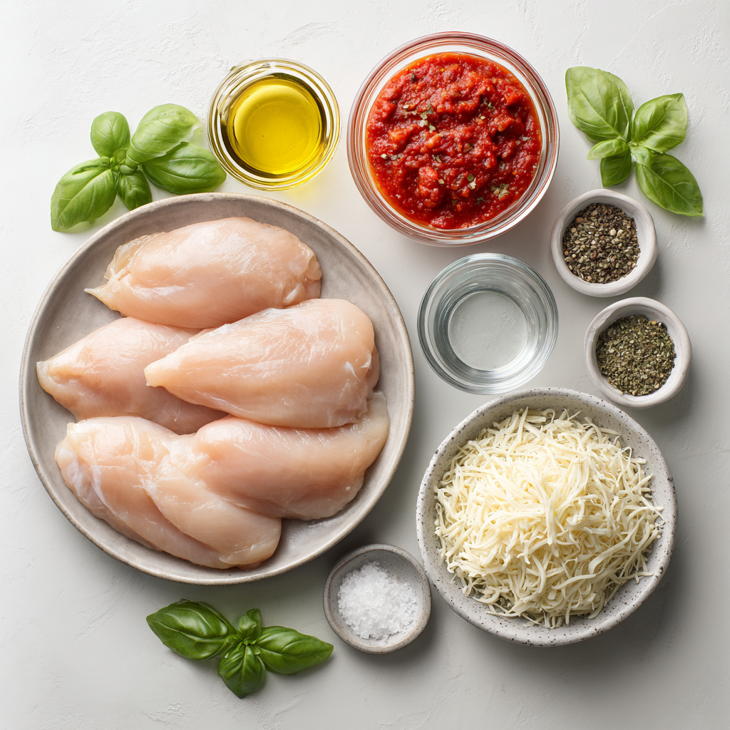 Light Chicken Parmesan Skillet in 30 Minutes! 4 Ingredients for light chicken parmesan skillet including chicken cutlets, marinara sauce, mozzarella, and seasonings.