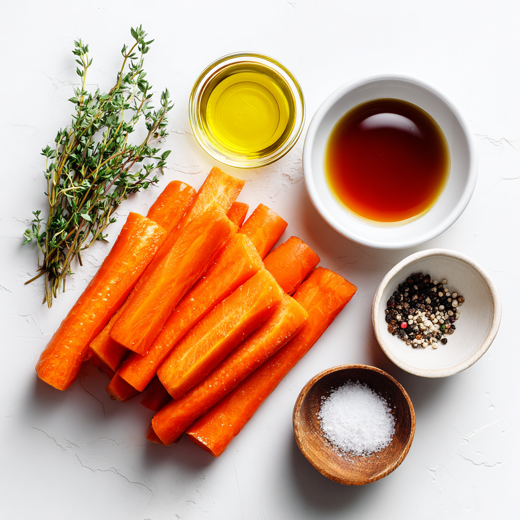 Ingredients for maple roasted carrots including carrots, olive oil, maple syrup, thyme, salt, and pepper.