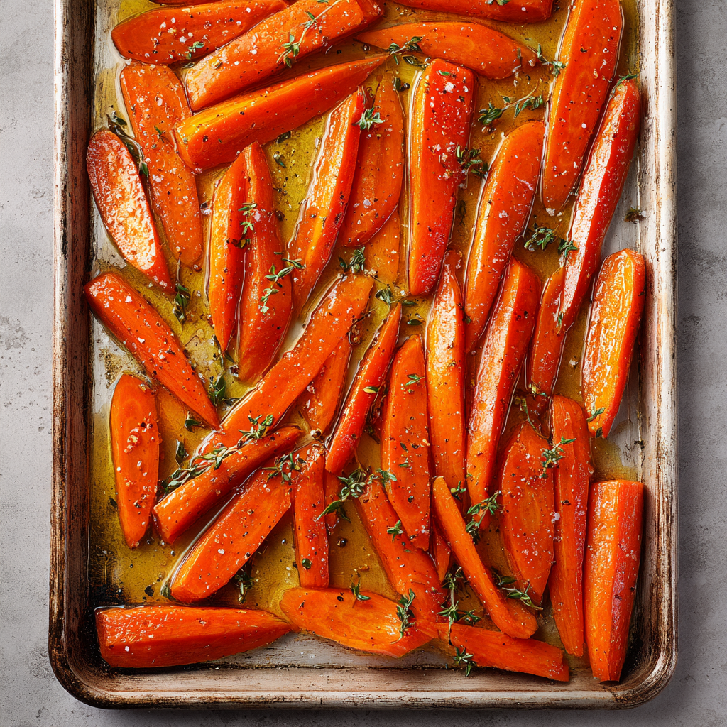 Carrots tossed with olive oil, maple syrup, thyme, salt, and pepper on a baking sheet before roasting.