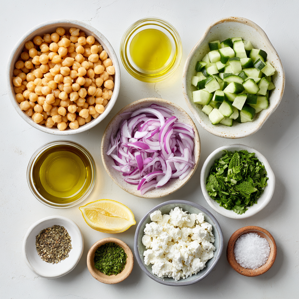 Amazing 15-min Mediterranean Chickpea Cucumber Salad 4 Ingredients for Mediterranean chickpea cucumber salad including chickpeas, cucumber, red onion, feta, herbs, and dressing components.