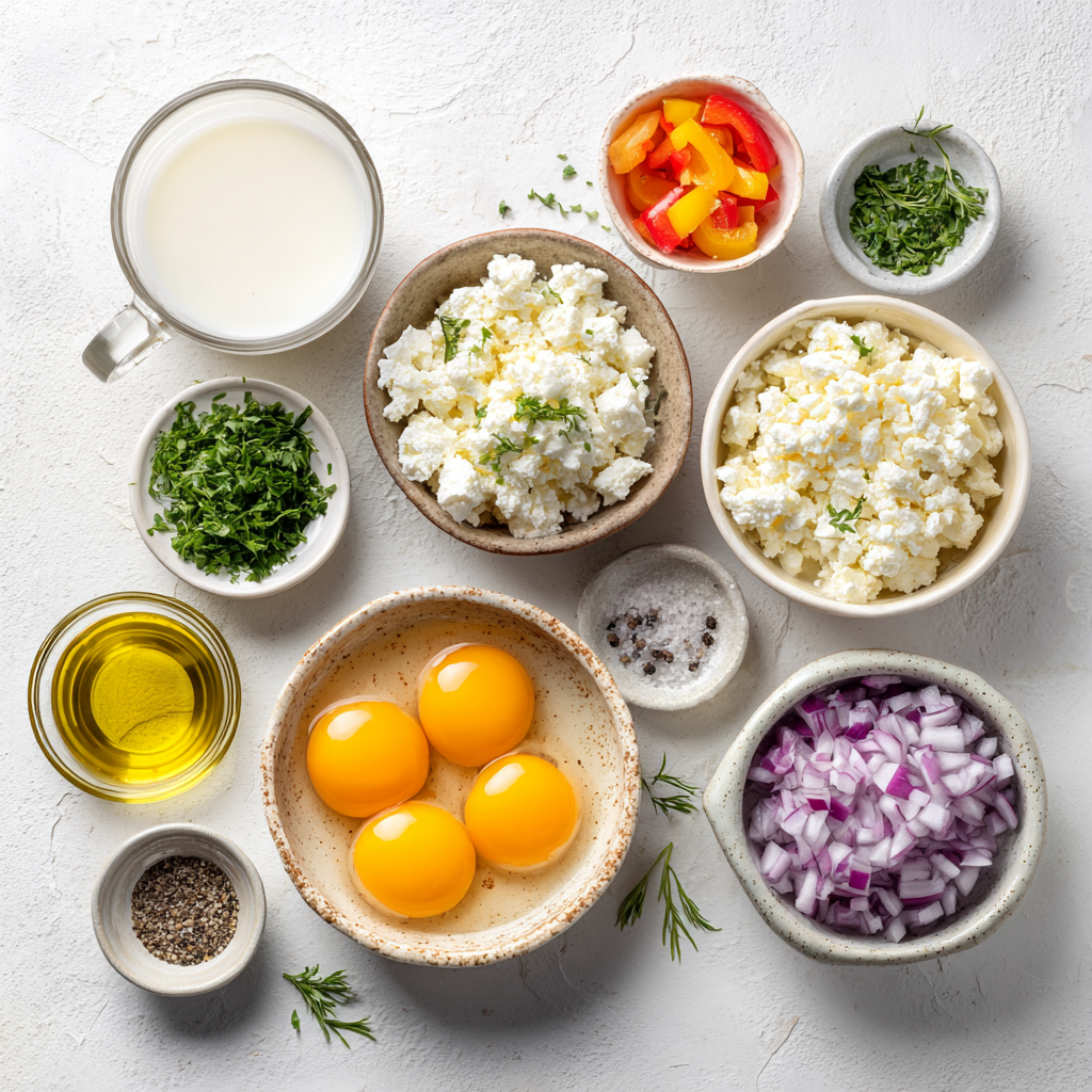 Mediterranean Egg & Herb Bake Ready in 40 Minutes! 4 Ingredients for Mediterranean egg herb bake including eggs, milk, feta, fresh herbs, vegetables, and olive oil.